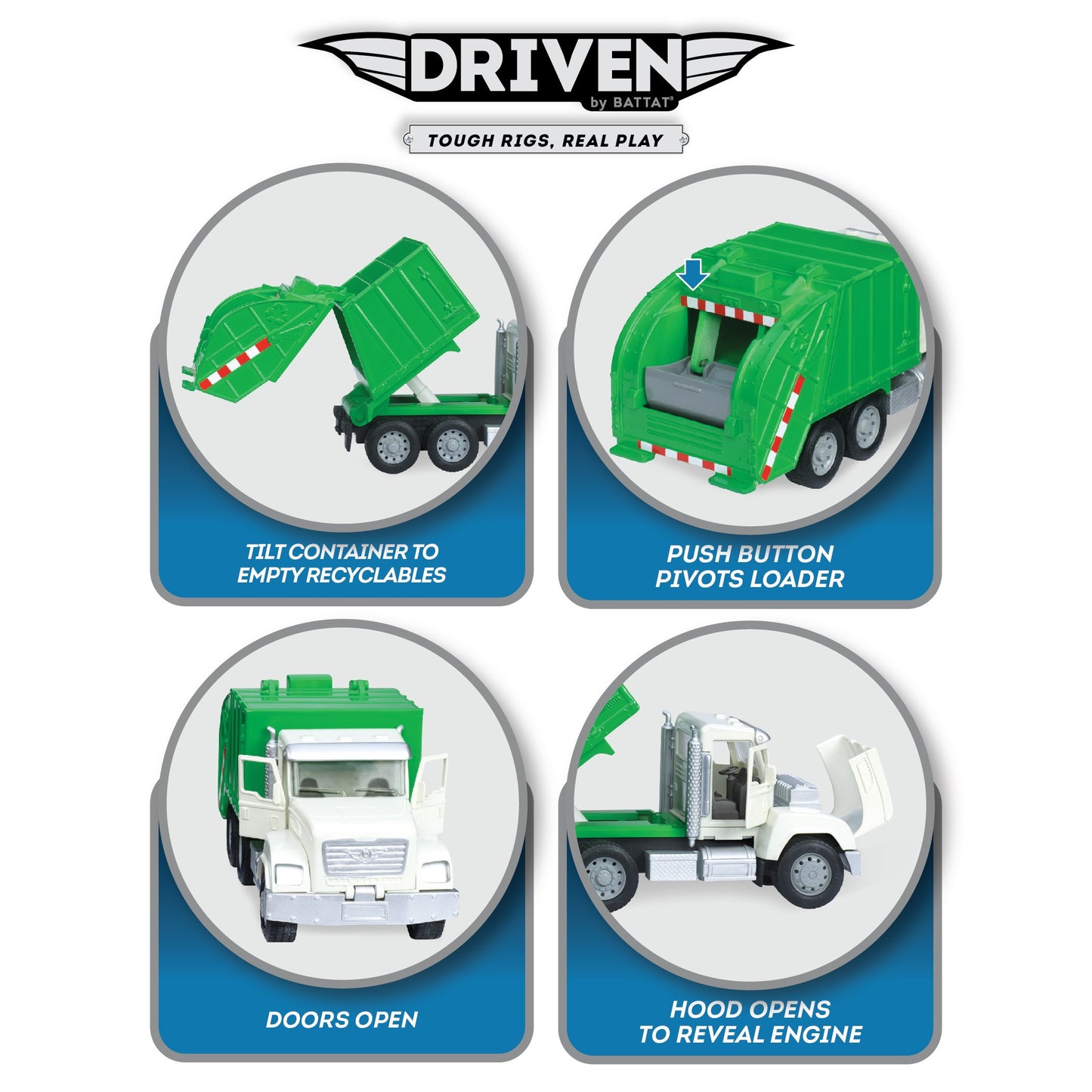 Driven by Battat - 4 Toy Truck Set - 7.5'' Garbage Truck, 9'' Fire Truck, 7.5'' Tow Truck, 7'' Log Truck - Lights & Sounds - Gif