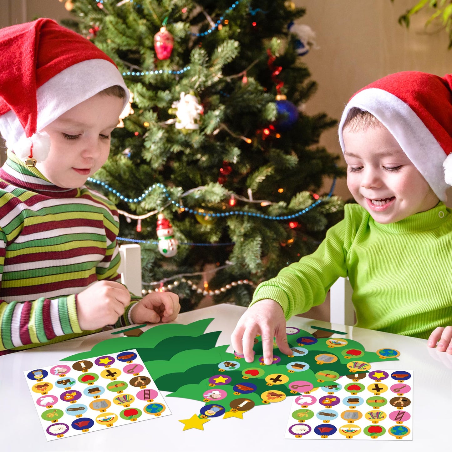 Haooryx Christmas DIY Advent Calendar - 24-Piece Self-Adhesive Sticker, Green, Jesse Tree Design, Perfect for Winter & New Year Gifts
