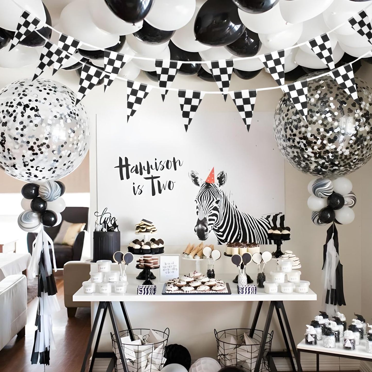 Tyqour 2Pcs Black & White Checkered Flag Banner, Double Sided Racing Pennant Banner Flags, Car Themed Birthday Party Decorations