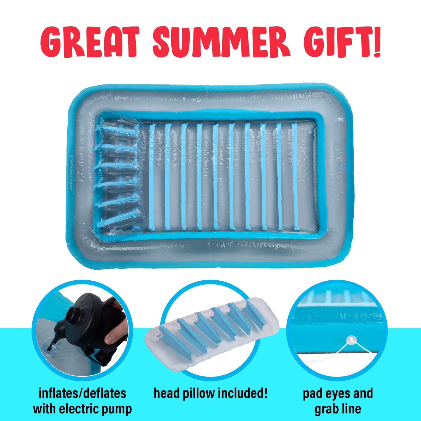 Swimline Inflatable Tanning Pool Lounge Float - Large Blue Pool Lounger with Pillow for Ages 13+