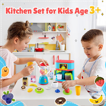 PLAY Kitchen Appliances Toys Set, Pretend Play Kids Kitchen Playset with Coffee Maker, Toy Blender and Play Foods, with Realisti