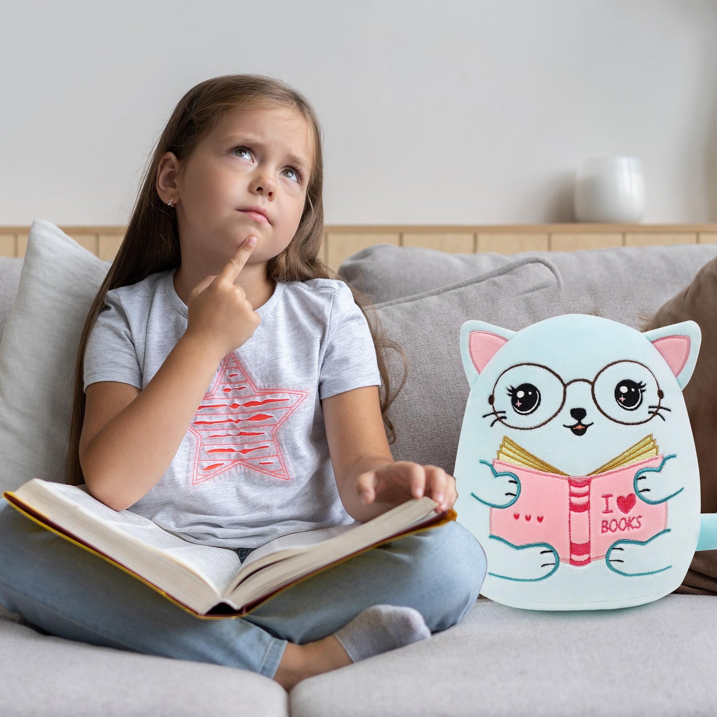 SEAOPOP Cute Cat Stuffed Animal: 8 Inch Blue Cat Book Lover Gifts Soft Reading Buddies Plush Toy Plushie Pillow Gifts for Kids Girls Boys Bookworm Classroom Decor