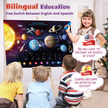 Qiaojoy Bilingual Interactive Solar System Poster for Kids, Educational Wall Decor, Ages 3-12, Blue, Model V2, Paper & ABS Plastic