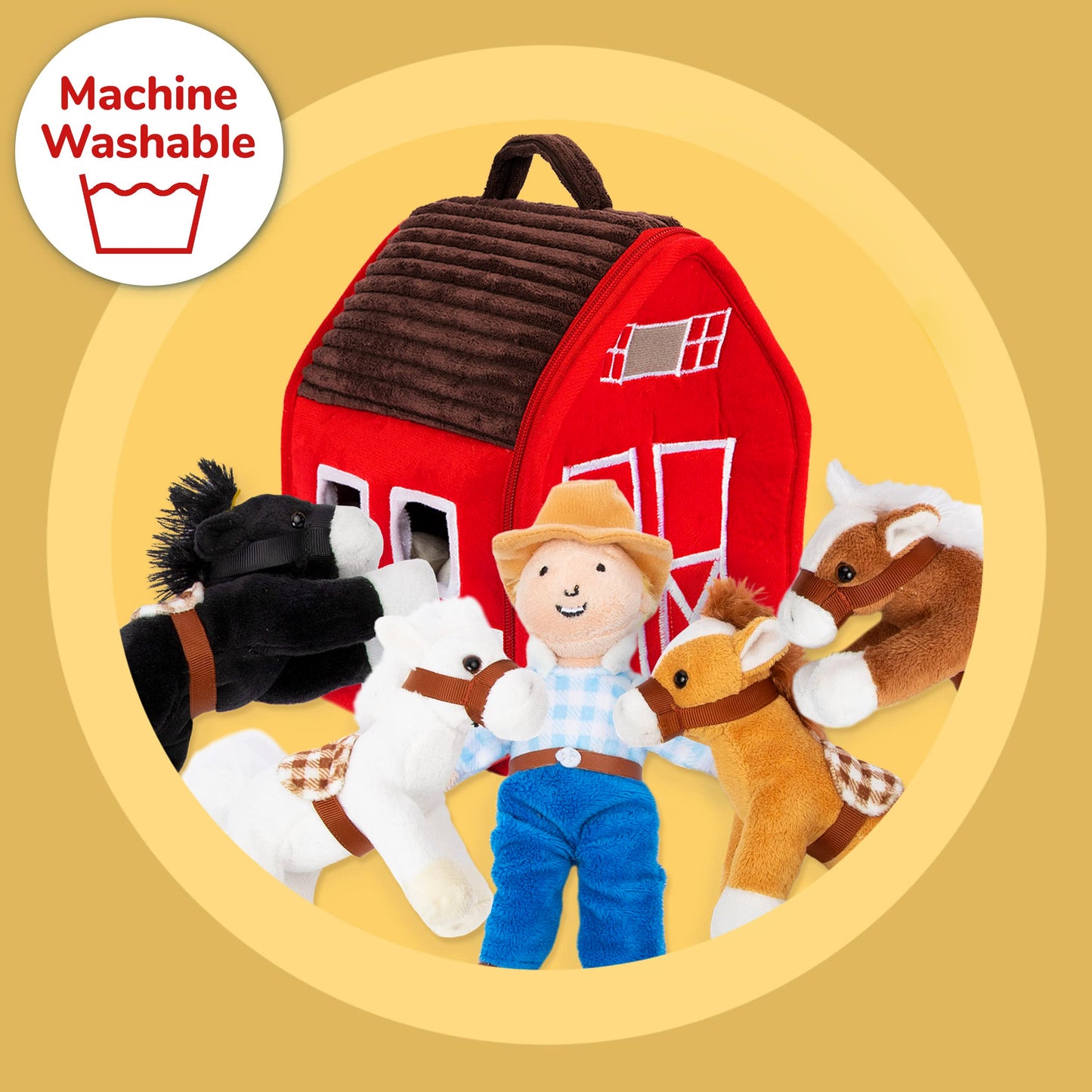 Prextex Plush Farm House With Soft And Cuddly 5' Plush Horses, Farm Boy, And Farm House Barn House Carry Along Case