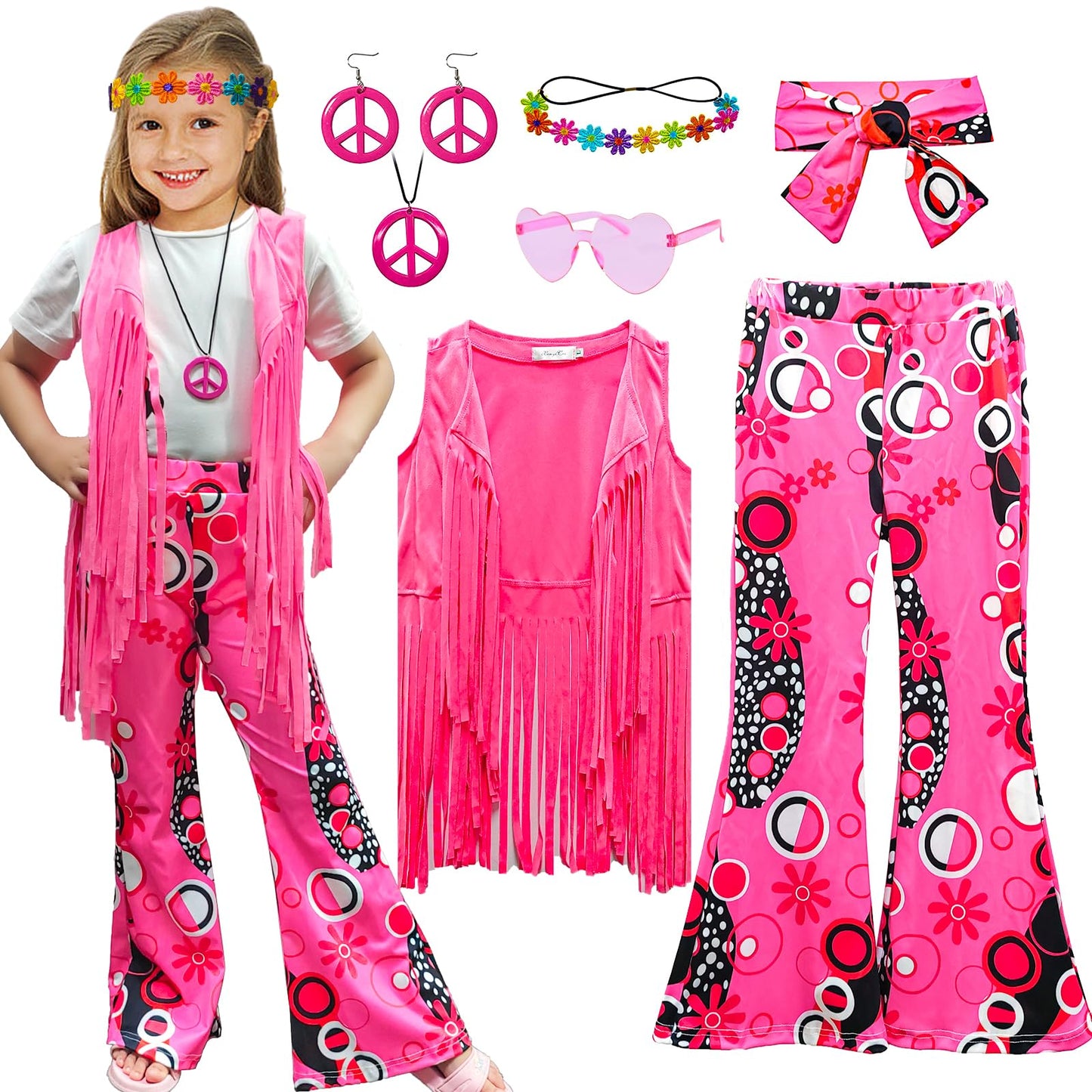 Xonyicos 8 Pcs Girls Kids 60S 70S Hippie Costume Disco Outfits Fringe Vest Boho Bell Bottoms Hippie Outfits Accessories Set (Pin