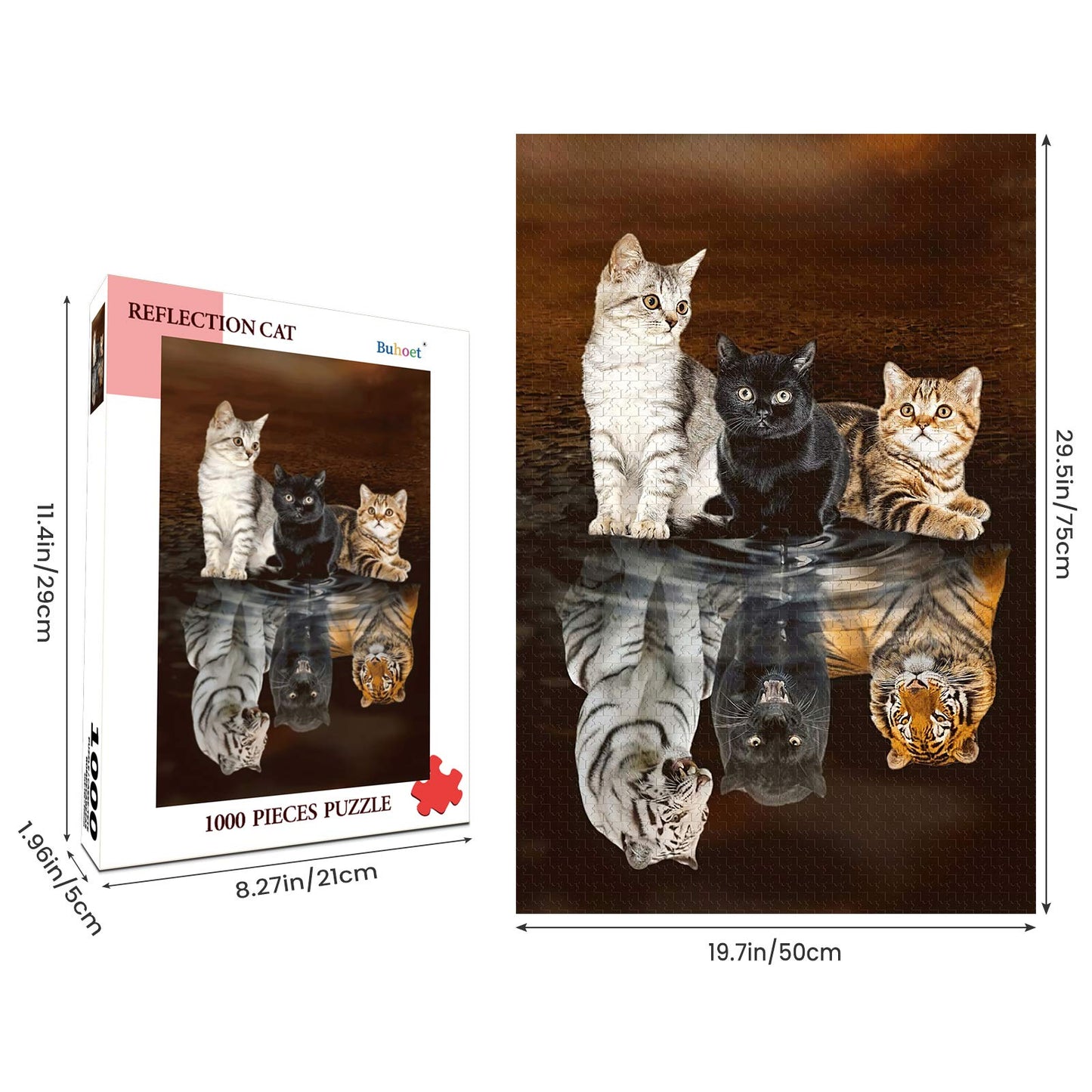 Jigsaw Puzzles 1000 Pieces for Adults - Three Cats Reflection - Wooden Puzzle - Unique Suitable for Teenagers and Adults (75x50c