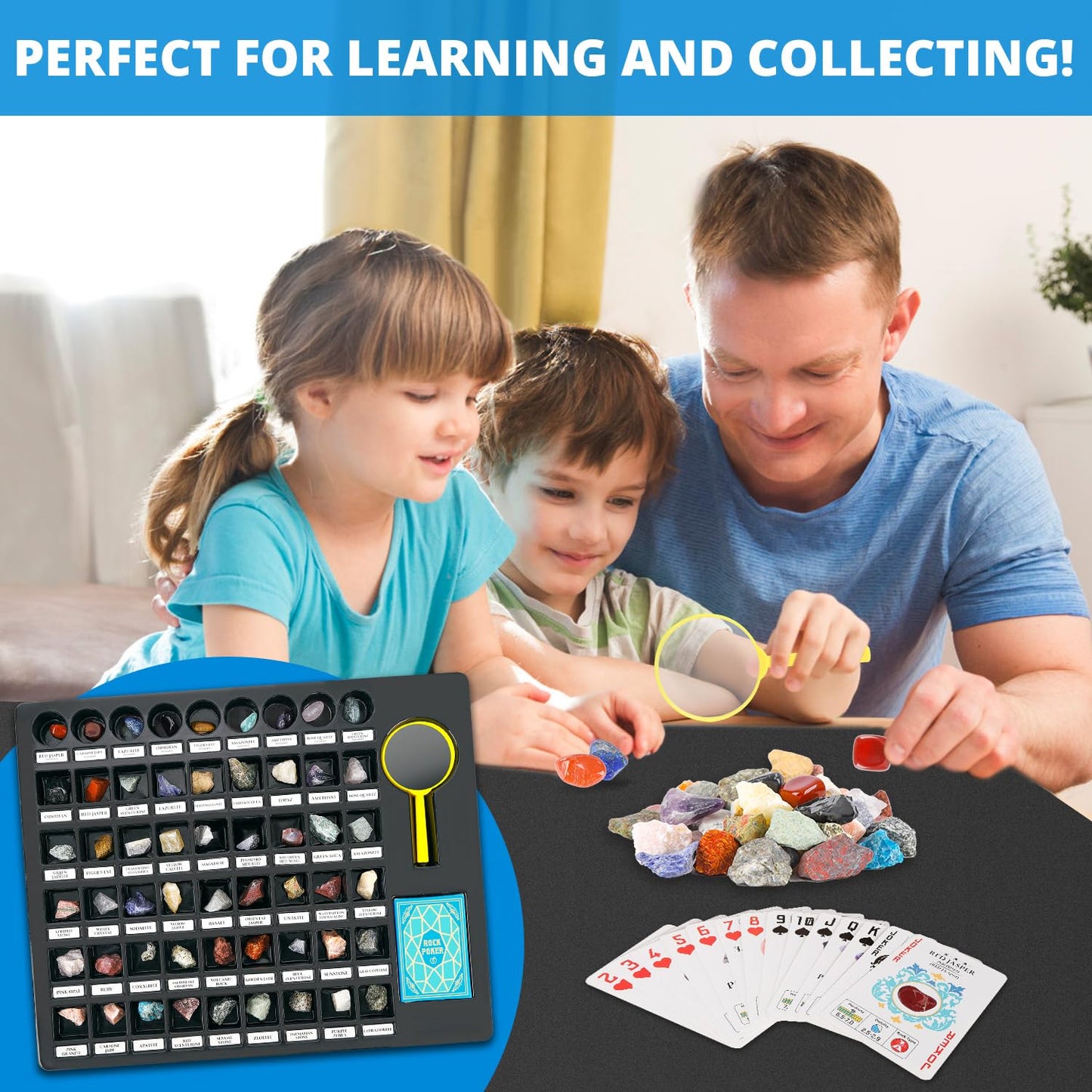 Pibex Rock Collection Starter Kit - 54 Pcs Assorted Gemstones, Crystals, Rocks & Minerals, With Learning Book & Id Cards, Earth
