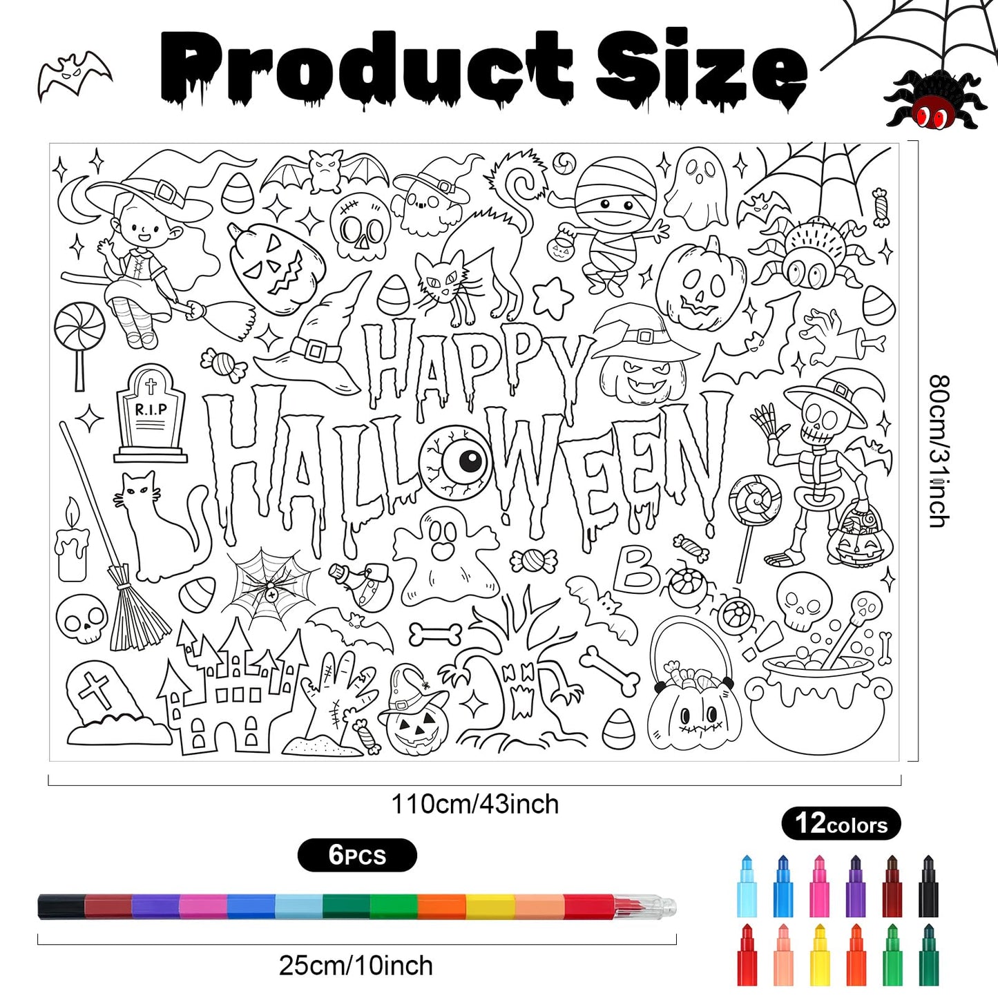 Giant Halloween Coloring Poster With 6 Stacking Crayons, Bat Ghost Party Favor Set Jumbo Paper Coloring Banner Large Art Crafts