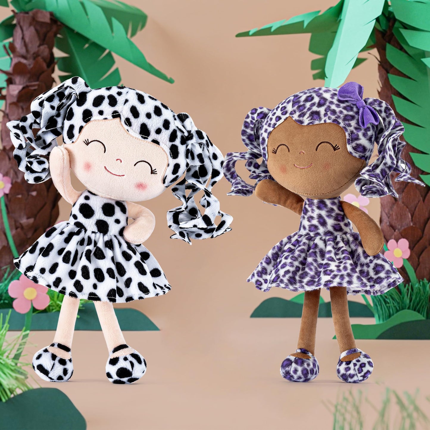 Gloveleya Baby Dolls Soft Snuggly First Baby Girl Gifts Plush Doll With Light Skin & White Spots Dress 12 Inches Animal Series