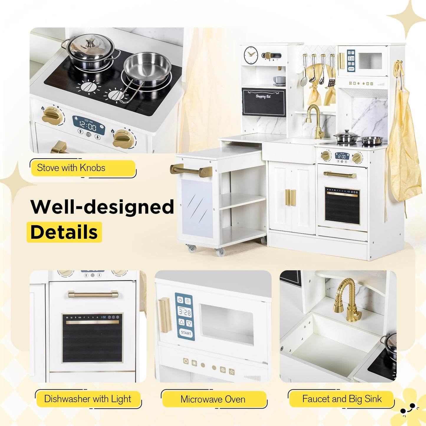 BRINJOY Kids Play Kitchen with Removable Cart, Wooden Toddler Kitchen Playset with Oven, Stove, Sink, Coffee Maker, Pretend Play