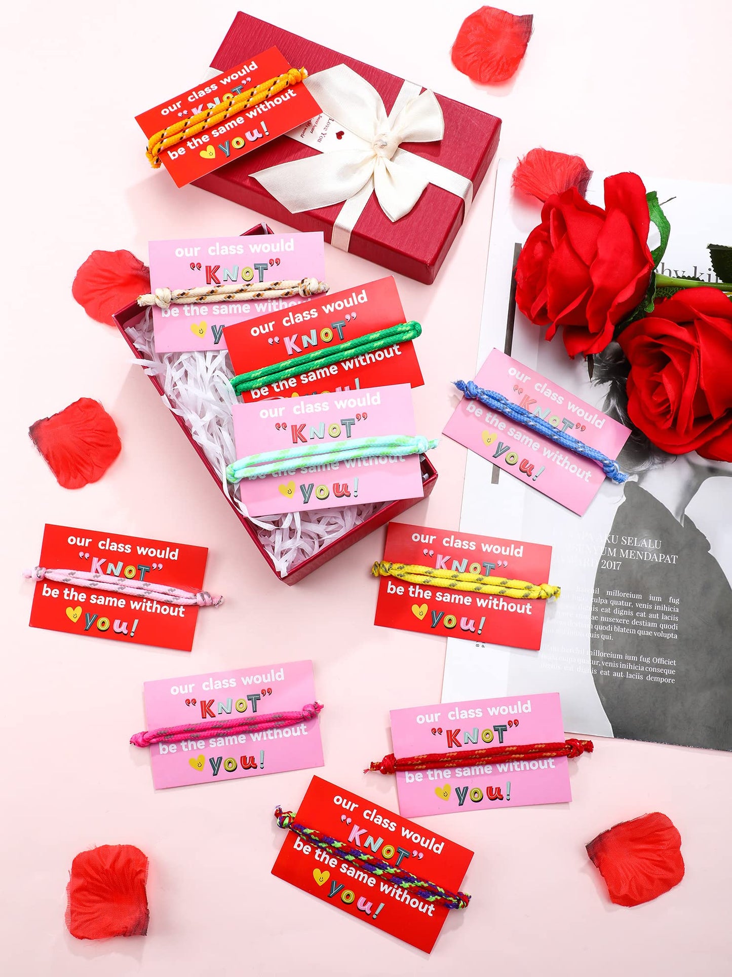 100 Pieces Valentine Knot Bracelets with Card Neon Rope Woven Friendship Bracelets for Kids Adjustable Rope Bracelets Bulk for G