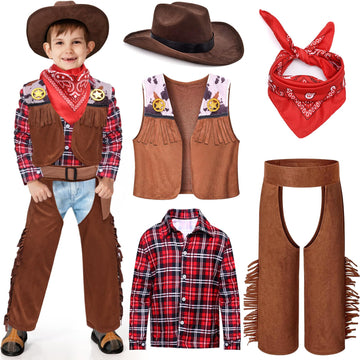 Latocos Kids Cowboy Costume 7 PCS Set, Ages 3-10, Red Polyester Dress Up for Halloween Role Play