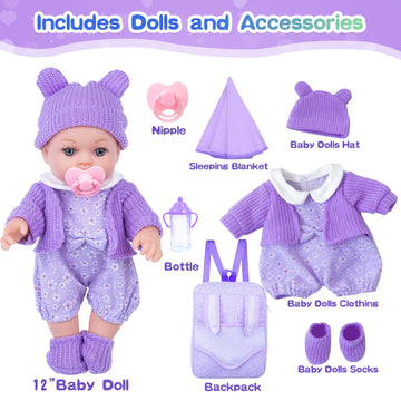 Zntwei 12 Inch Backpack Baby Doll Playset With Washable Dolls And Accessories Includes Backpack, Bottles, Nipple, Blankets, Hats