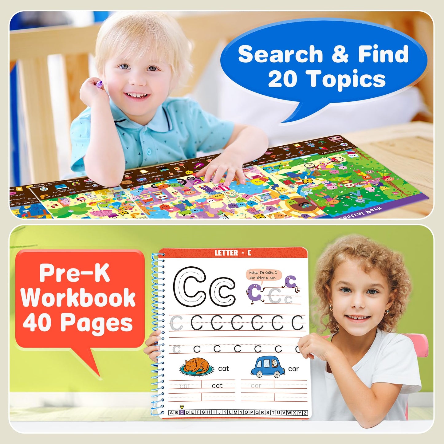 Elite Panda Preschool Learning Activities 60 Reusable Pages, (2-Pack) Kindergarten Workbook & Search And Find For Kids, Art And