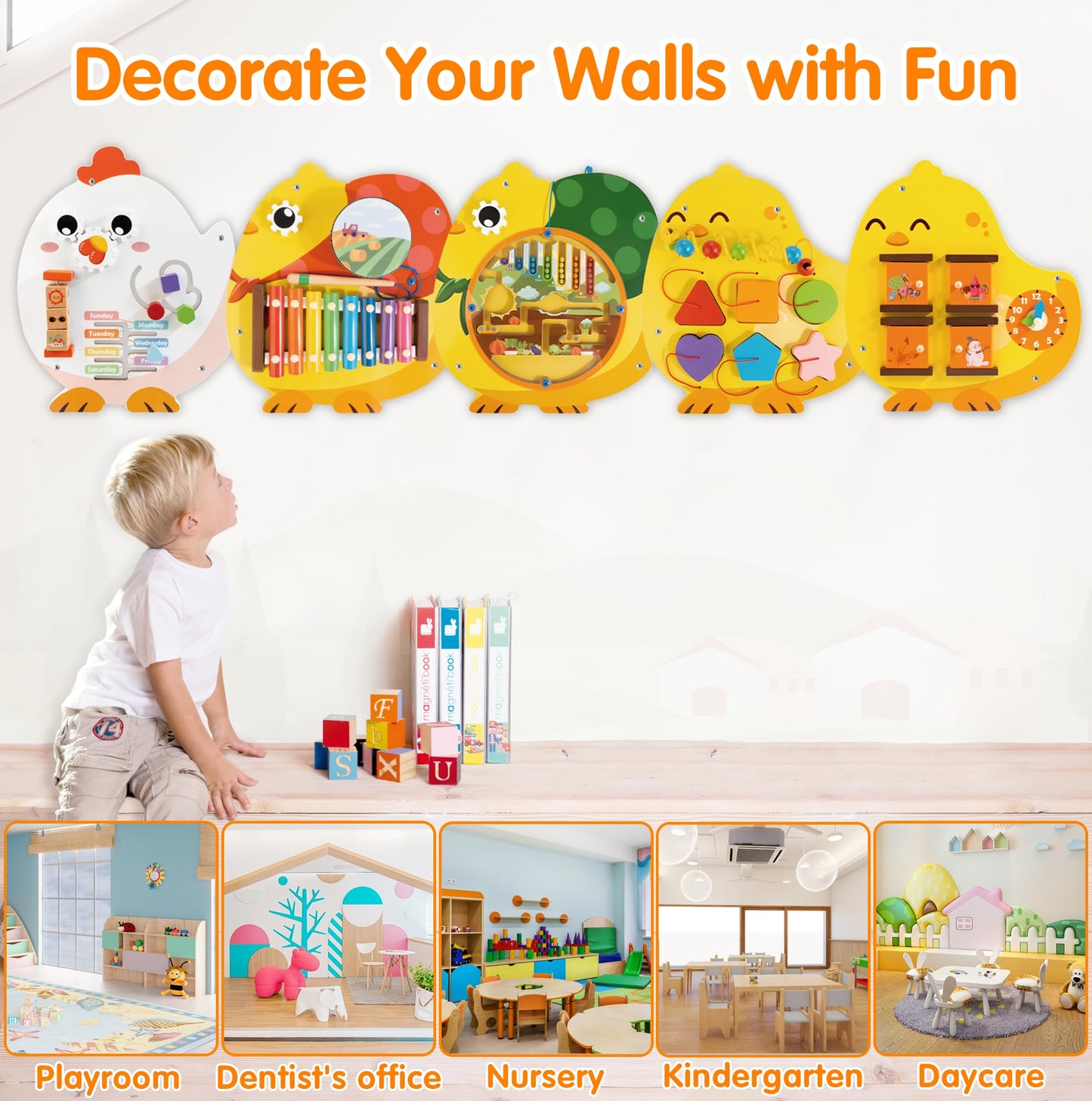 Chick Squad Activity Wall Busy Board Panels | 11-In-1 Wooden Sensory Wall Panel For Kids, Montessori Learning Activity Center | Perfect For Toddler Playroom Daycare Nursery Classroom Dentist Office
