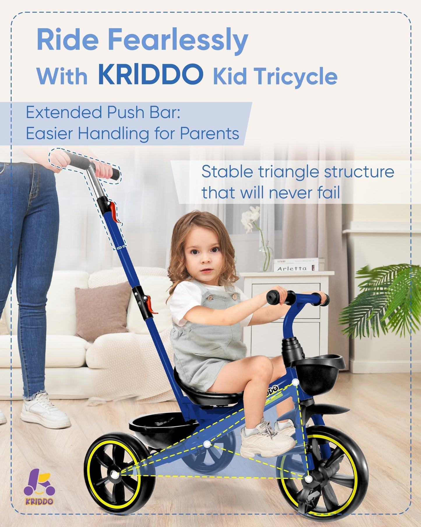 KRIDDO 2-in-1 Toddler Tricycle for Ages 18 Months to 5 Years Old - Extended Push Handle for Effortless Push, Gift Trike for Todd