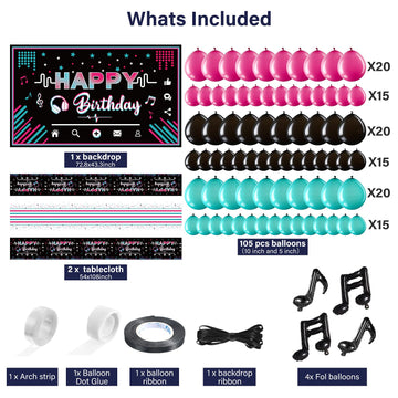 Tatuo Music Party Decorations - Happy Musical Social Media Birthday Supplies With Backdrop, Tablecloth, Music Note and Latex Bal