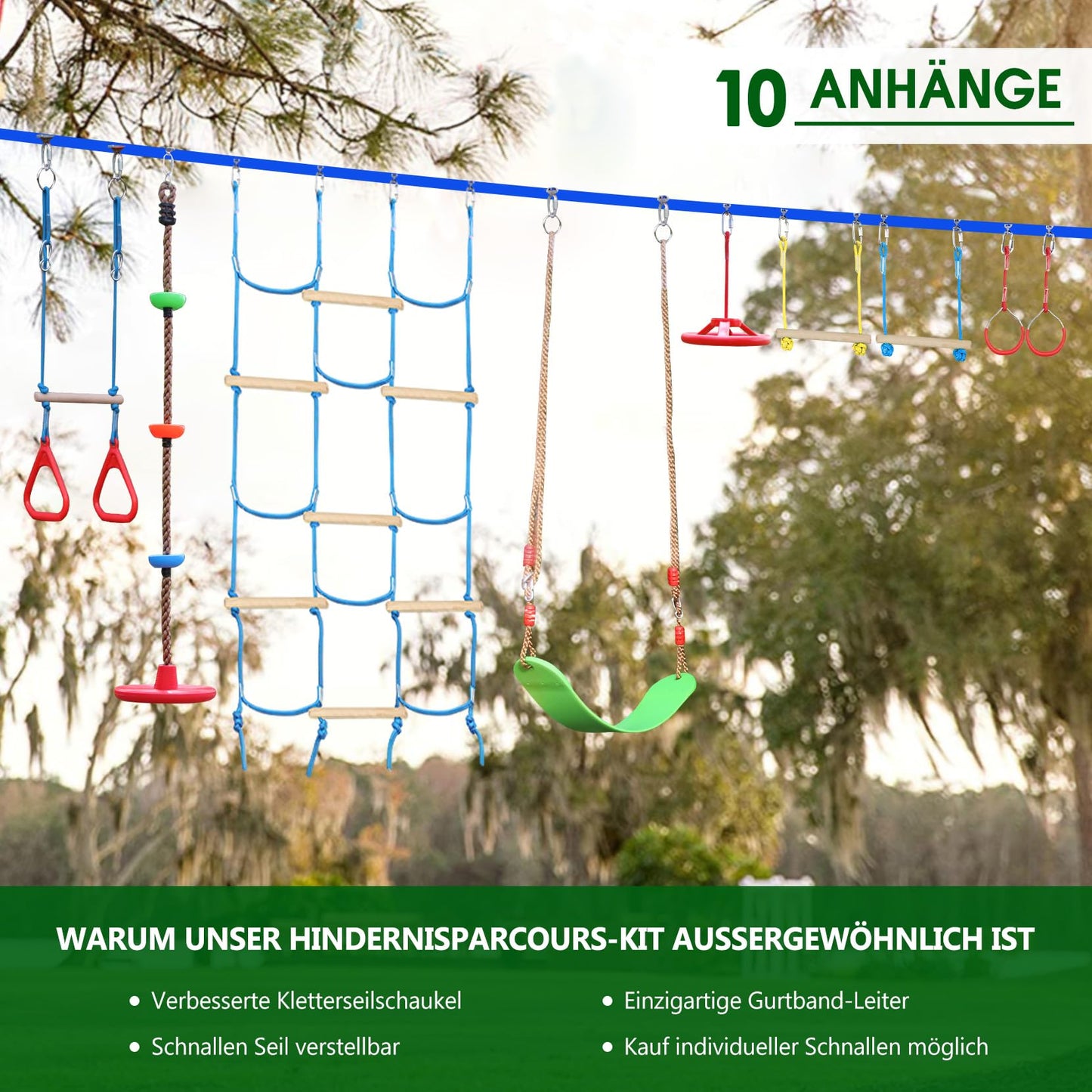 Dripex Ninja Warrior Obstacle Course For Kids - 60Ft Ninja Lines With Most Complete Accessories For Kids, Swing, Trapeze Swing, Ninja Wheel, Webbing Ladder Plus Climbing Rope Swing