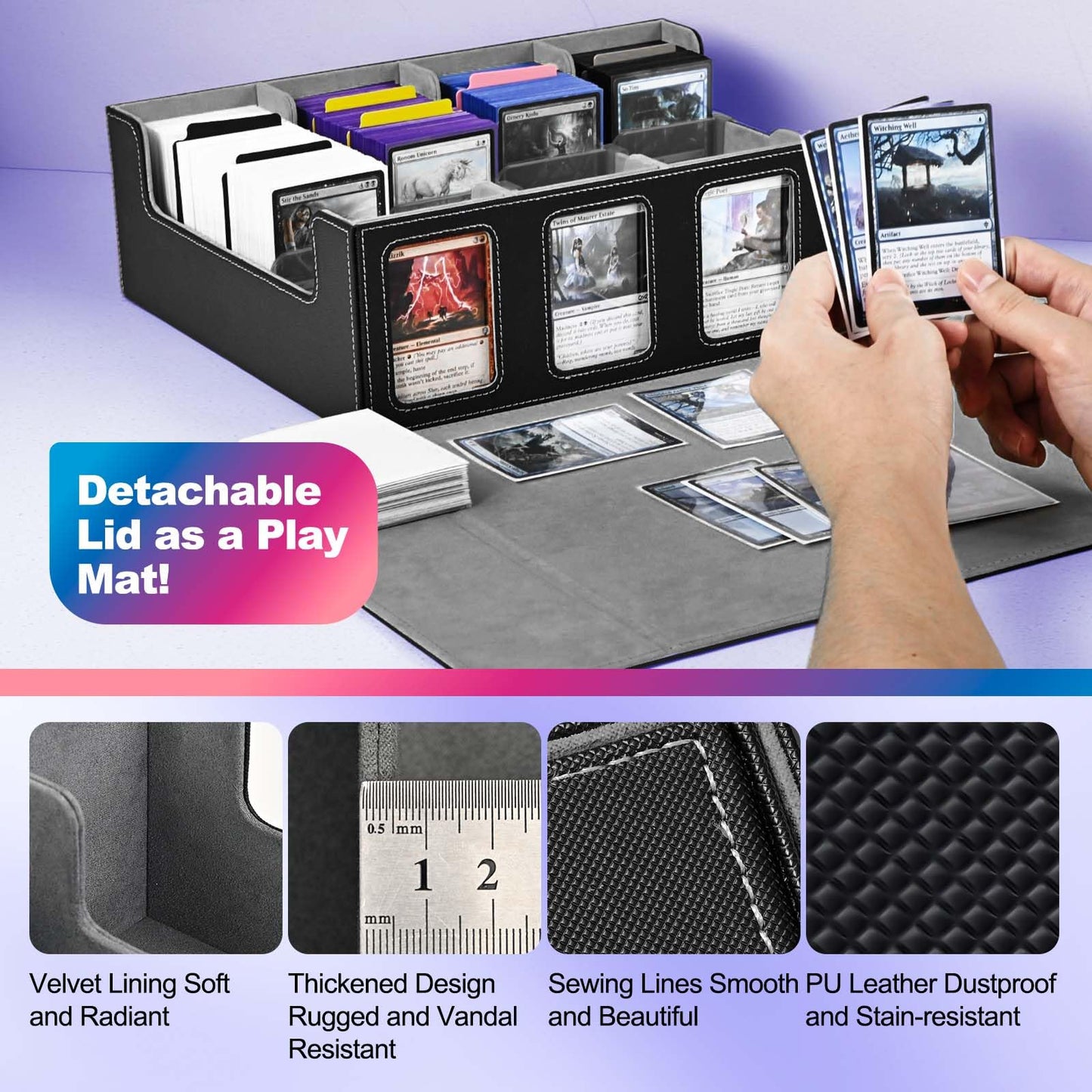 Uaono Trading Card Storage Box With Commander Display; 2400+ Deck Box For Mtg With Removable Cover; Toploader Card Case Fits Magic Tcg Ptcg Sports Cards; 24 Dividers, 4 Stoppers (Black, Grey)