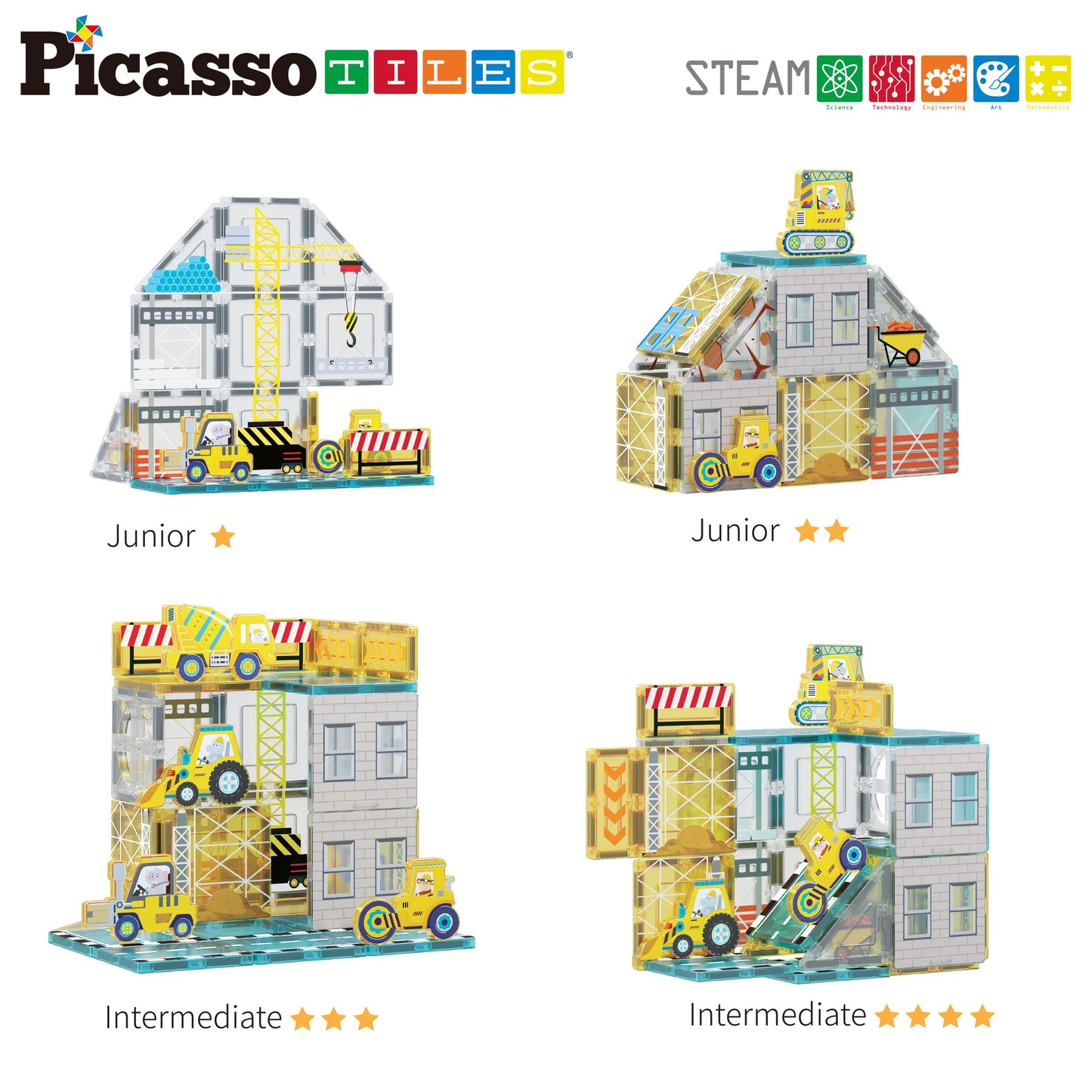 PicassoTiles Magnet Tiles Magnetic Building Blocks with 8 Construction Vehicles Crank Truck Excavator Bulldozer Road Roller Conc