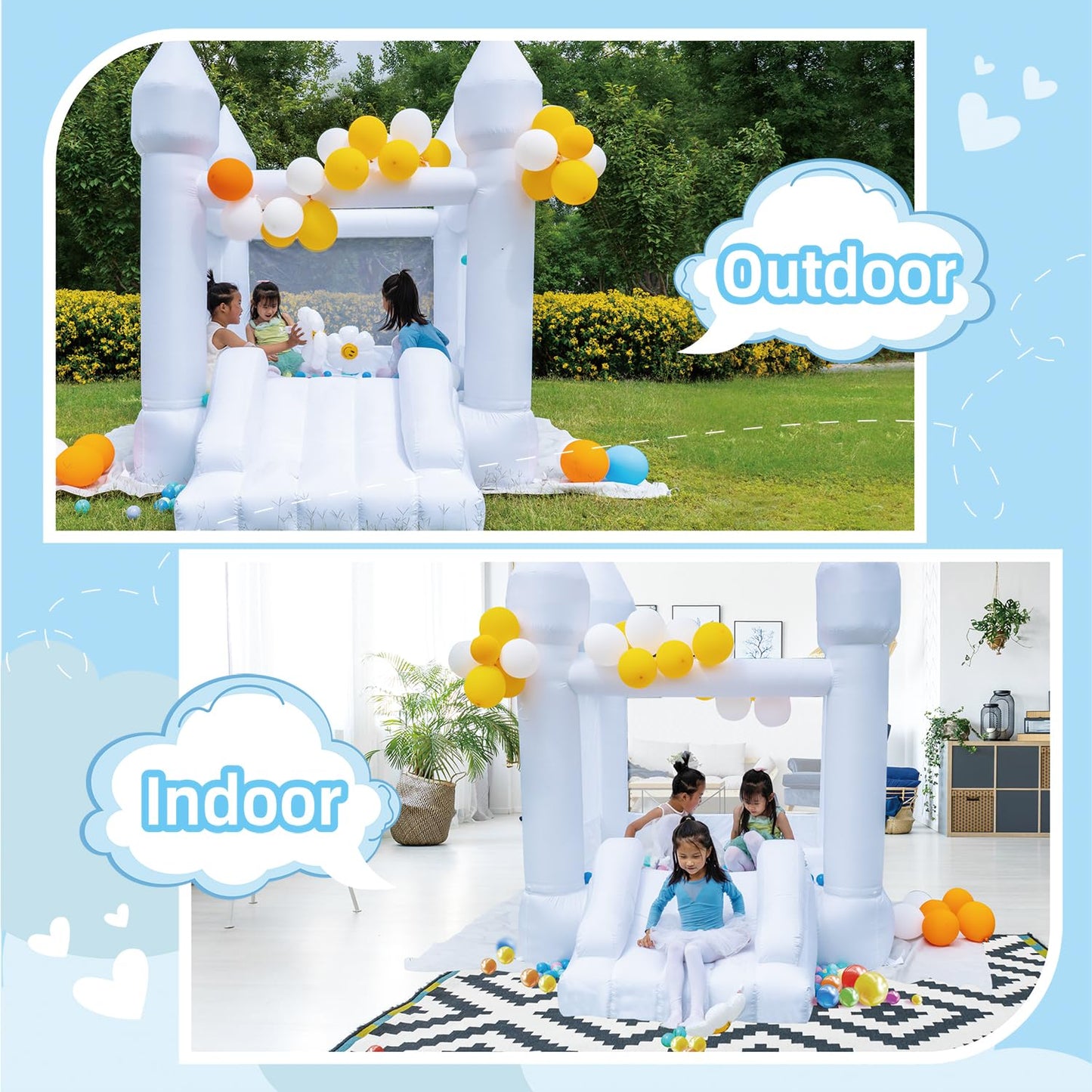 White Bounce House, Bounce House For Kids 3-6 Blower Included, Bouncy Castle With Slide Indoor Outdoor,8.9Ft L X 6Ft W X 7.1Ft H