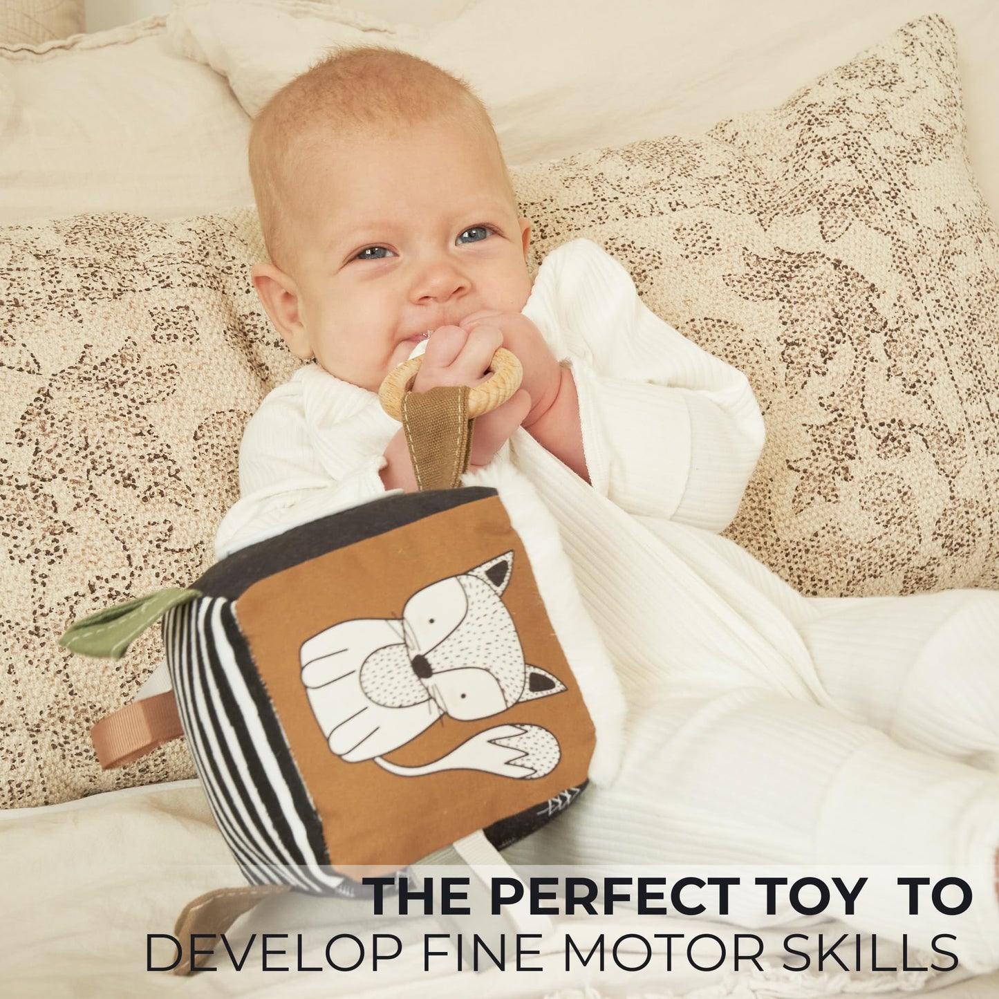 Soft Toy Block With Wooden Ring For Babies 0-3 And 0-6 Months - The Perfect High Contrast Activity Cube & Teething Toy With Tummy Time Mirror For Newborns - A Fun Sensory & Development Toy For Infants