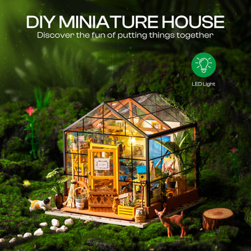 Robotime Diy Miniature House Kit Mini Green House Tiny Dollhouse Wooden Furniture Kit With Led Halloween/Christmas/Birthday Gifts For Adults (Cathy'S Greenhouse)