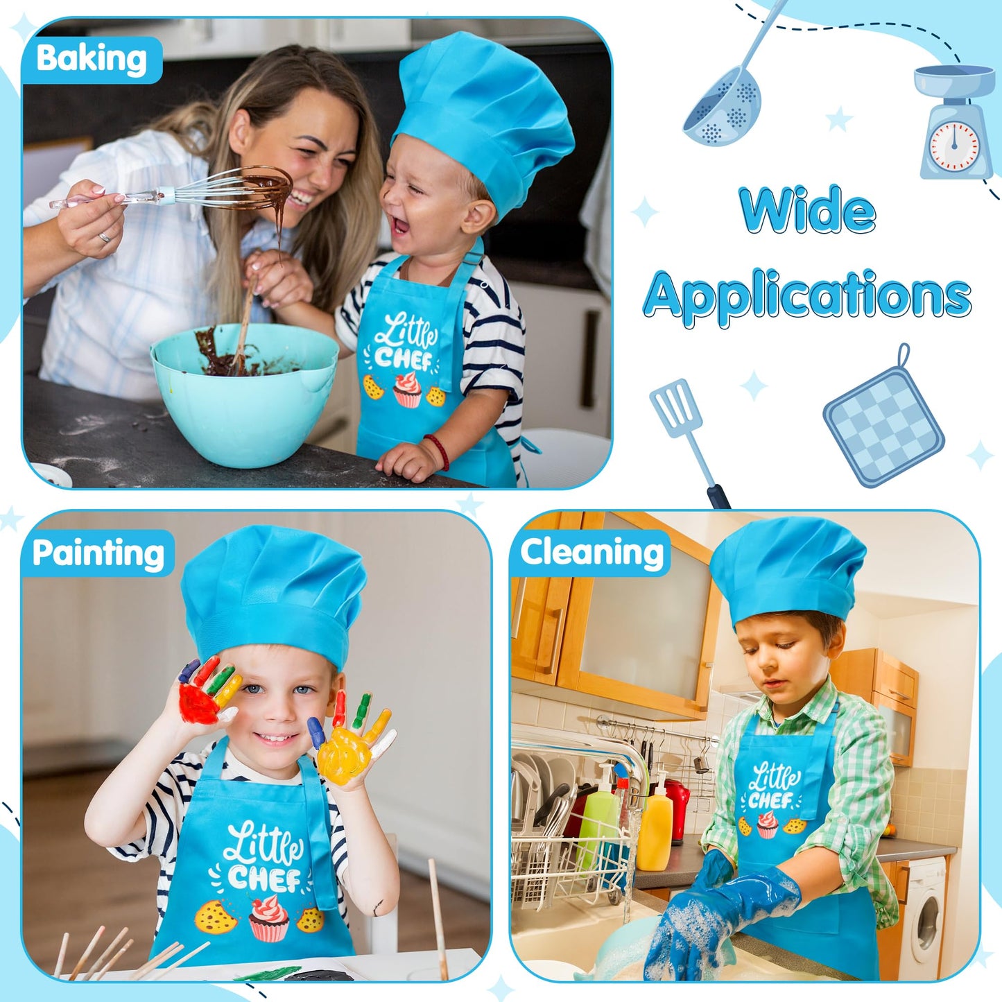R HORSE 2 Pcs Kid Apron and Chef Hat Set, Adjustable Children Blue Kitchen Apron Cooking Baking Painting and Training Kits Dress