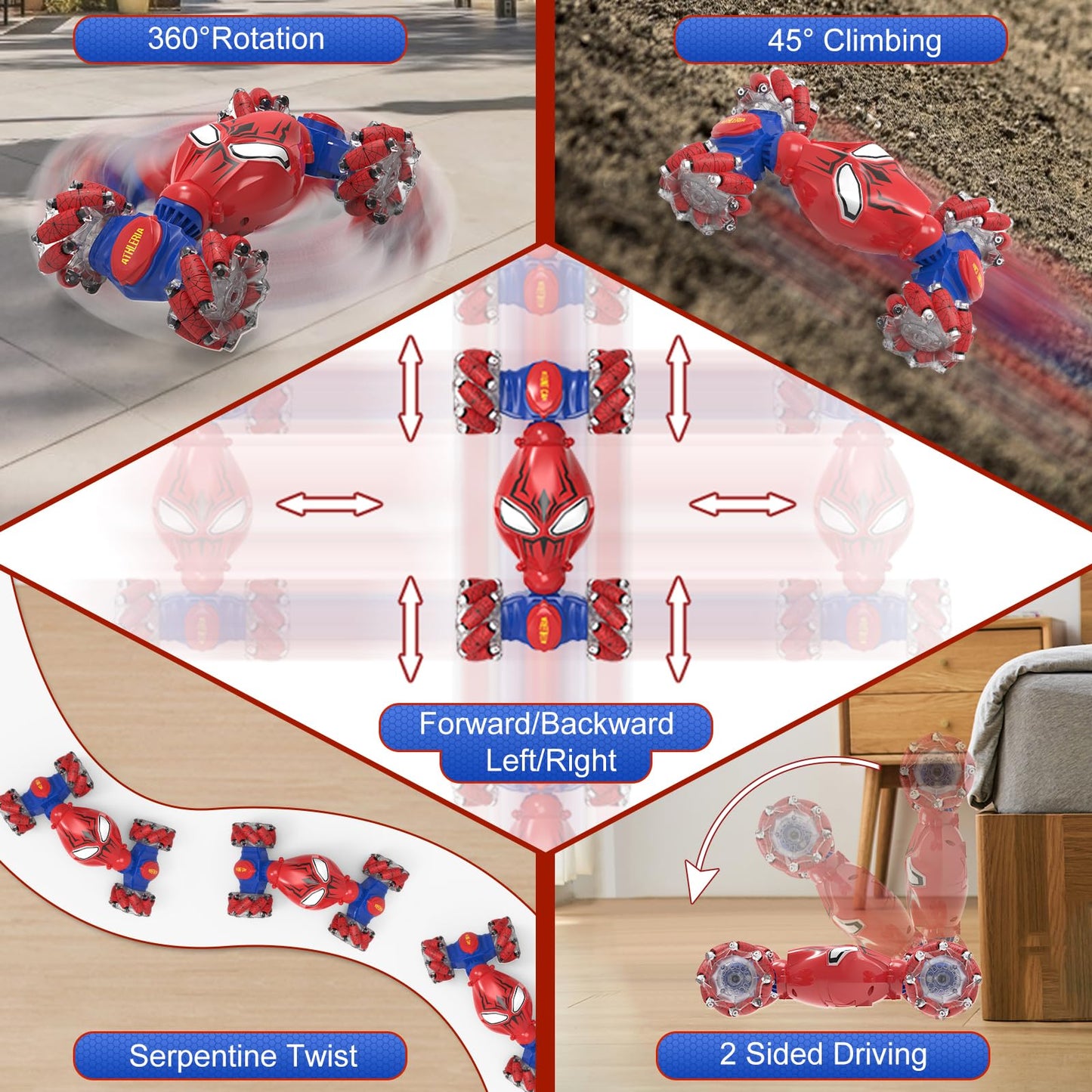 ATHLERIA Spider Gesture Sensing RC Stunt Car Toys for Boys Age 8-13,Hand Remote Control Car,Drift Rc Car with Lights,Transform,T