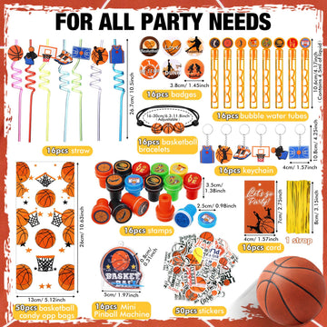 Saypacck 229 Pcs Basketball Party Favors with Ball Bracelets Mini Pinball Mini Bubble Wands Straws Keychains Badges Stickers Sta