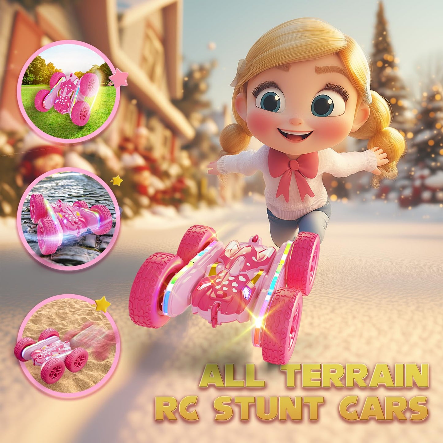 Terucle Remote Control Car for Girls, New Pink RC Cars Stunt RC Car Girl Toys for Girls Double-Sided 360 Rotating with Headlight