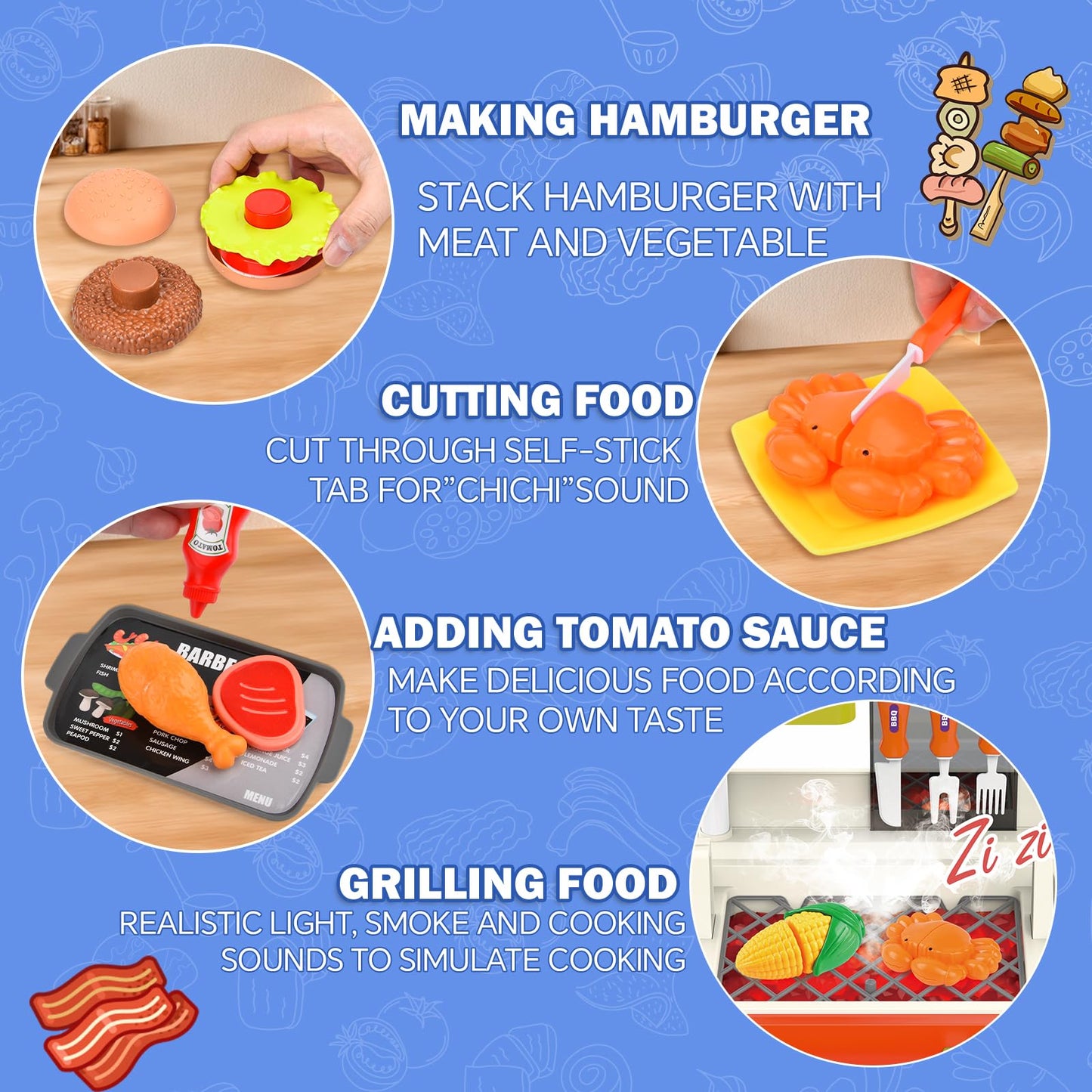 Kitchen Toys Playset,Kids Barbecue Grill Toy Set with Smoke, Sound& Light, Pretend Play Food BBQ Drill Cooking Game Toys,Indoor&