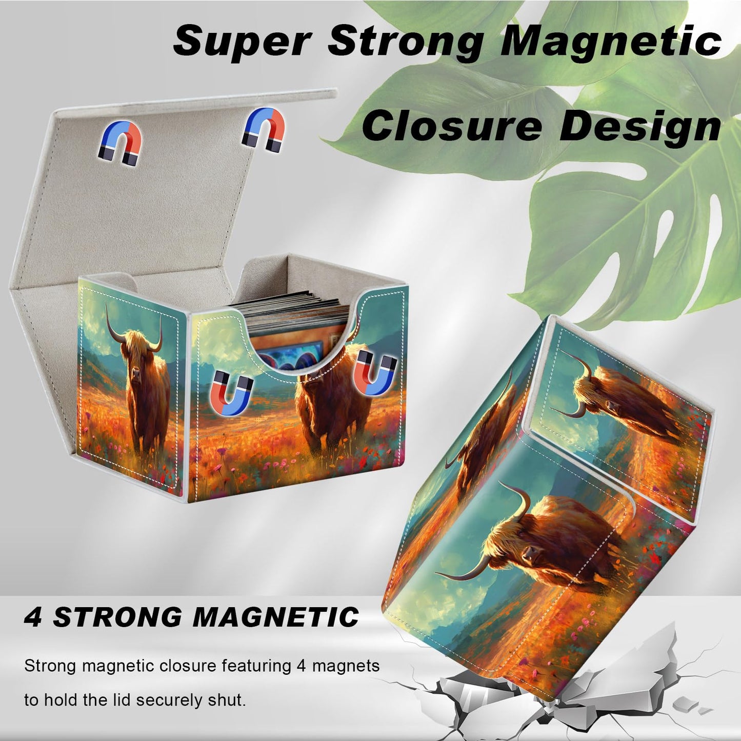 Card Game Storage Box TCG Deck Box MTG Card Box Organizer Trading Card Case Commander Deck Box TCG Card Storage Box Magnetic Closure Creative Pattern Up to 200 Cards A Highland Cow With Flowers