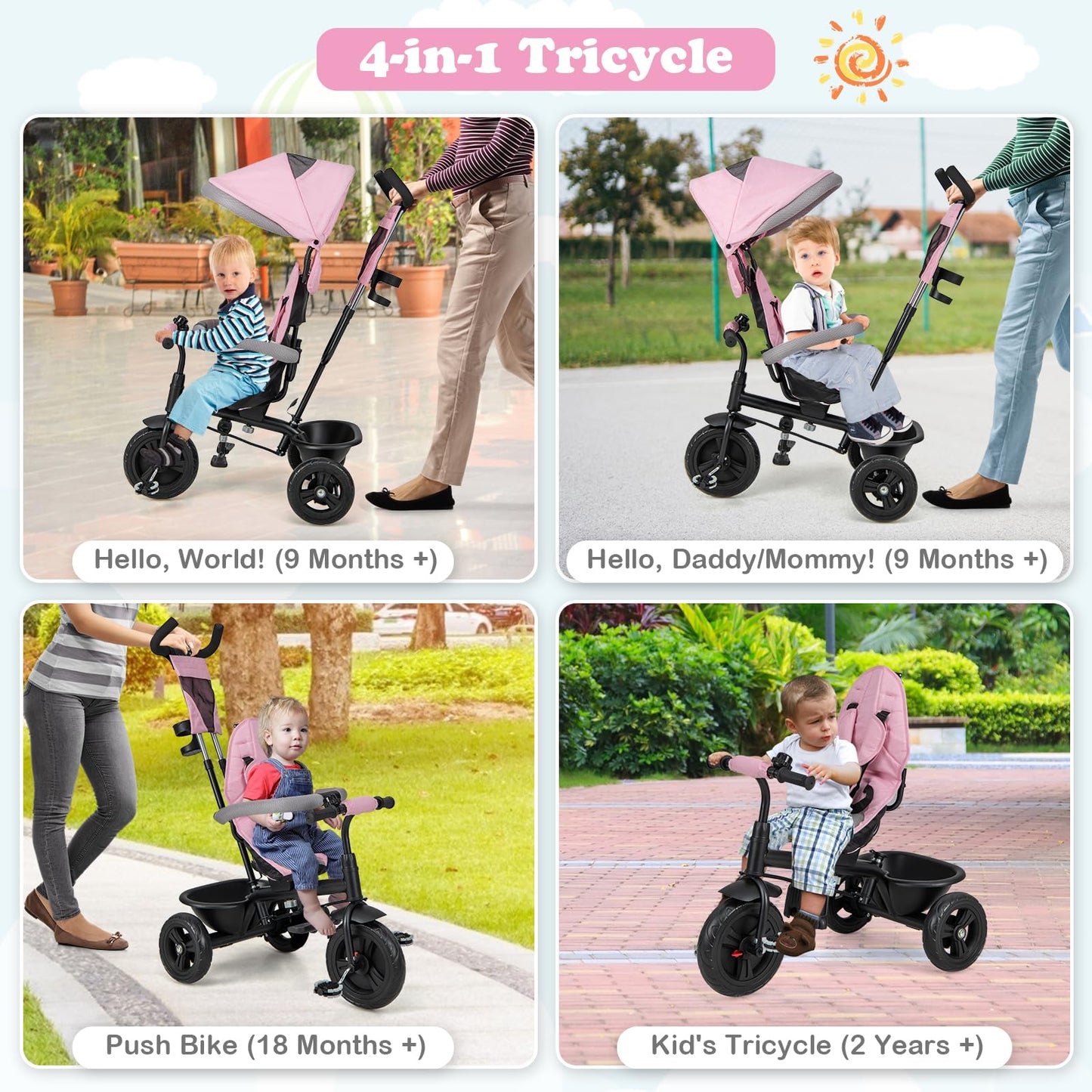 HONEY JOY Tricycle, Kids Trike Stroller w/Adjustable Push Handle & Canopy, Reversible Seat, Safety Belt, Folding Pedal, Cup Hold