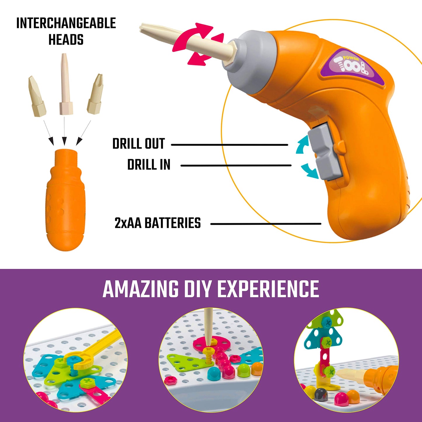 249 PCS STEM Learning Toys - Electric Drill DIY Educational Set, Creative Engineering with Various Shapes and 5 Toy Tools - 2&3D