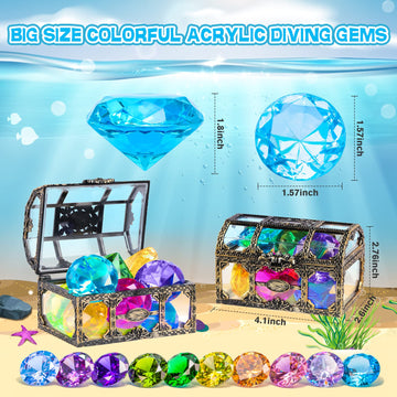 DISHIO Diving Gem Pool Toy Set - 10PCS Colorful Acrylic Gems in Treasure Chest for Kids - Large Underwater Fun