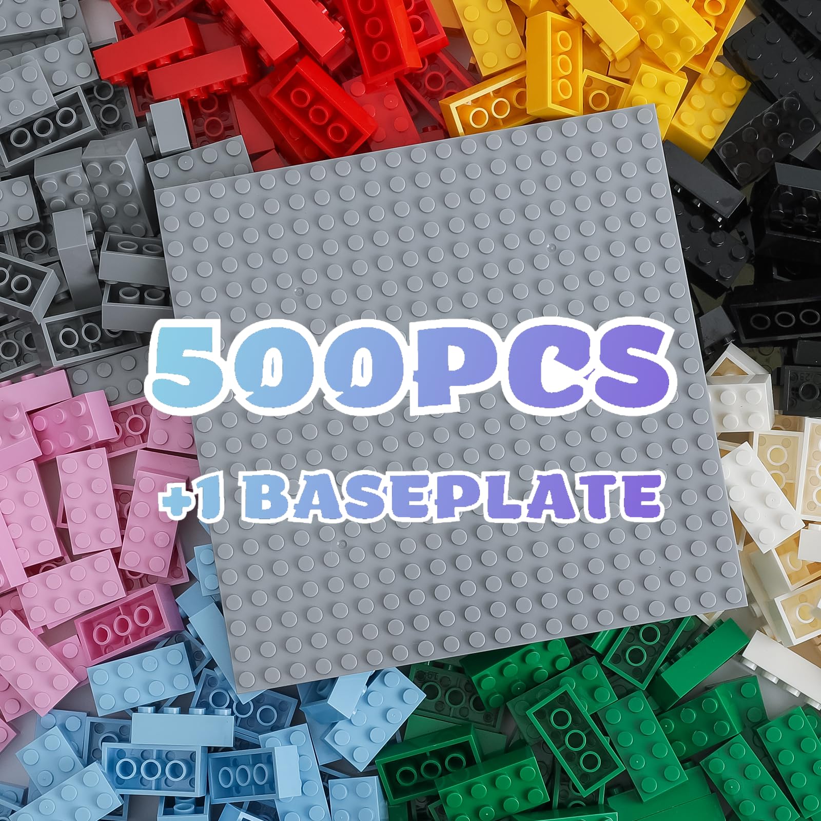 2x4 Bricks 500 Piece Classic Building Bricks and 1 Gray Baseplate 2x4 ...