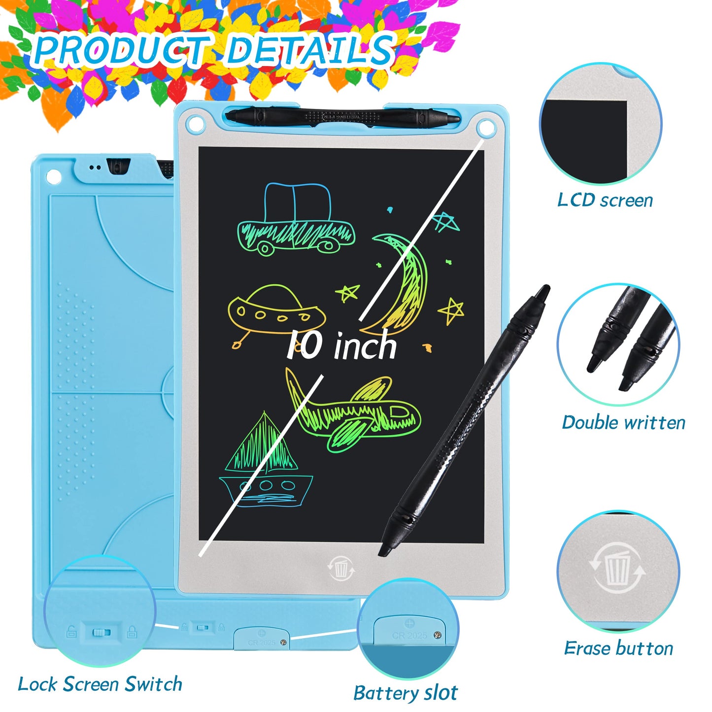 LCD Writing Tablet for Kids Set of 2 - Colorful Doodle Board - 10 Inch Erasable Reusable Drawing Pad- Orange Blue, Learning Toys