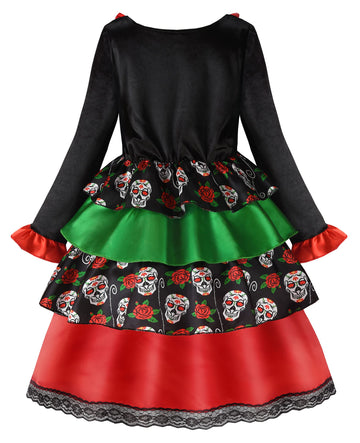 Relibeauty Kids Day Of The Dead Costume For Girls Sugar Skull Costume With Flower Headband 140