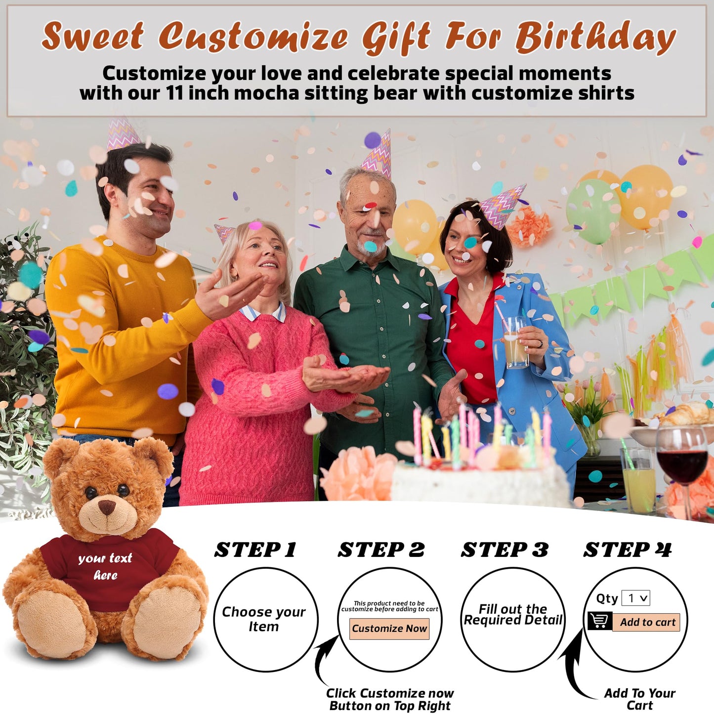 Plushland Teddy Bear 11 Inch, Stuffed Animal Personalized Gift - Great Present For Mothers Day, Valentine Day, Graduation, Birthday,Anniversary, Get Well,Christmas (Mocha Bear, Maroon)