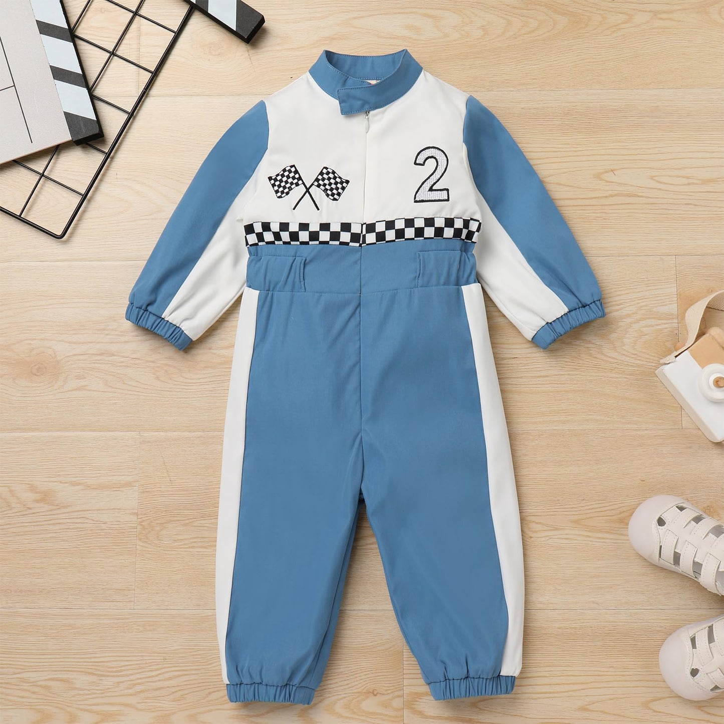 Ibtom Castle Toddler Boys Girls 2Nd Birthday Outfits: Halloween Race Car Driver Costume Long Sleeve Romper Halloween Racer Jumpsuit Cake Smash Role Play Dress Up Party Supplies Blue-2 18-24 Months