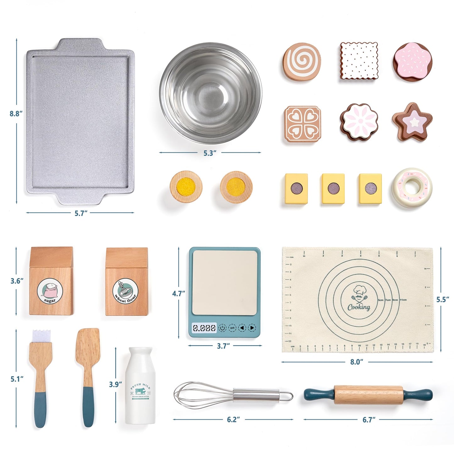 Toywoo Wooden Play Food Set for Kids - Pretend Kitchen Accessories with Shopping Bag & Cutting Toys, Gift for Ages 3-6, White/Brown/Pink