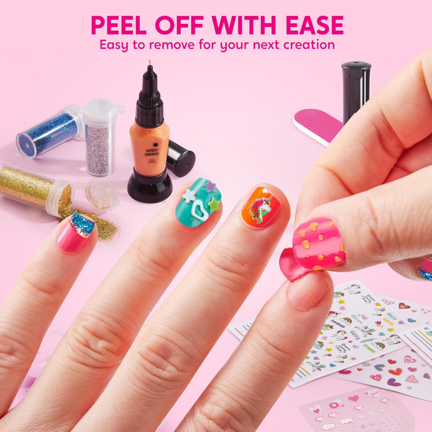 Klever Kits Nail Polish Art Kit for Kids, Kid-safe, Non-toxic Materials-Children Nail Studio With Glitter, Stickers Sequins, Str