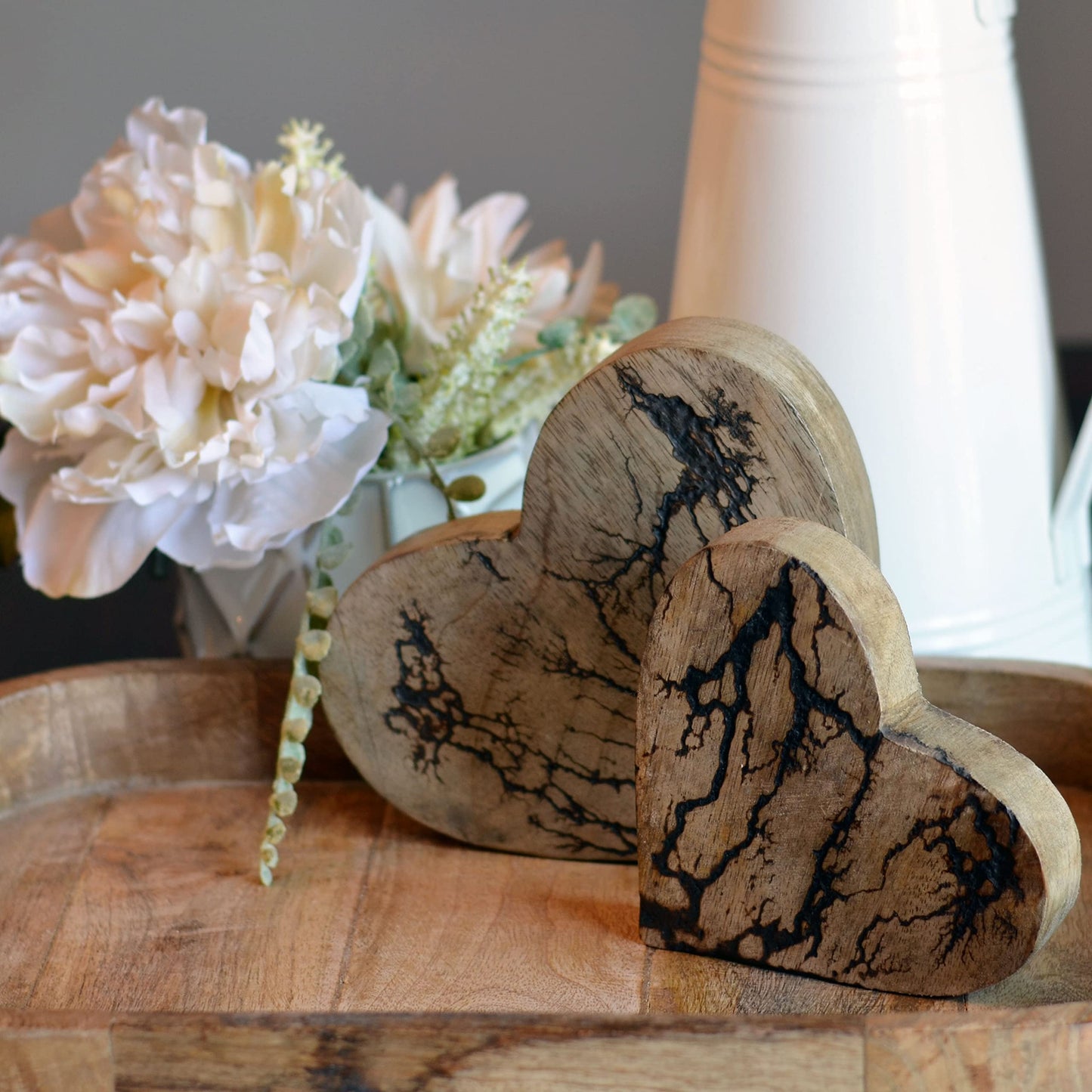 Whw Whole House Worlds Tree Of Life Embellished Hearts, Set 2,Carved Mango Wood, Rustic Incised Branch Pattern, 6.25 And 4.75 In