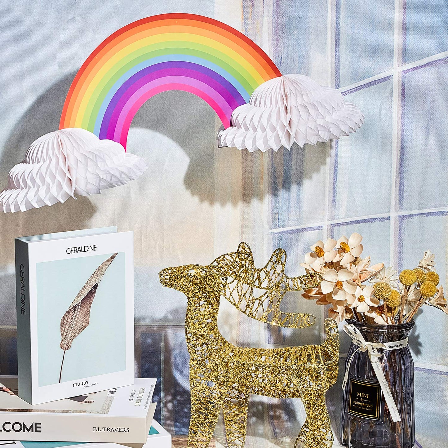 Willbond Rainbow Honeycomb Paper Centerpiece Rainbow Cloud Centerpieces No Crease Converting Rainbow Centerpieces For Christmas Birthday Party Tables Decoration(2 Pieces)