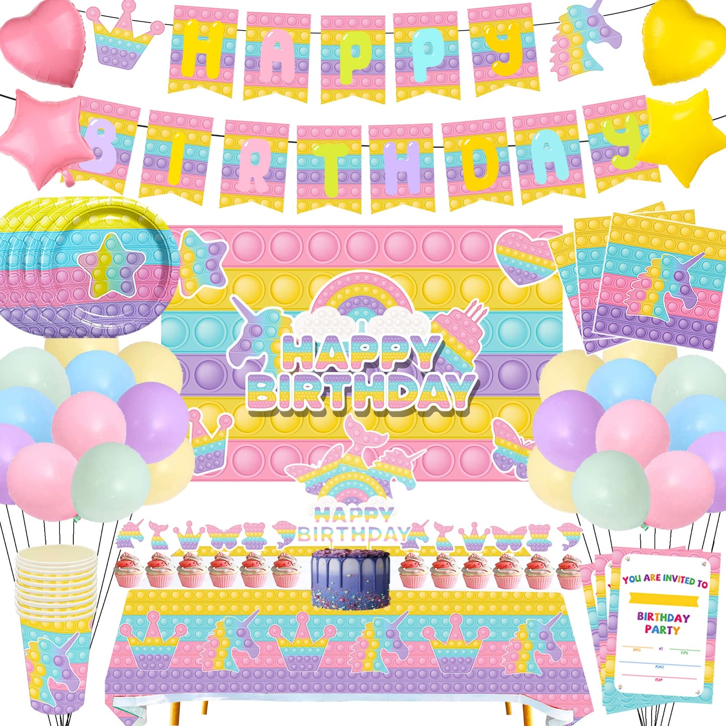 Kakan 124Pcs Pop Birthday Decorations For Girl,Pop Birthday Party Supplies,Includes Banner,Backdrop,Cake Toppers,Tablecloth,Napk