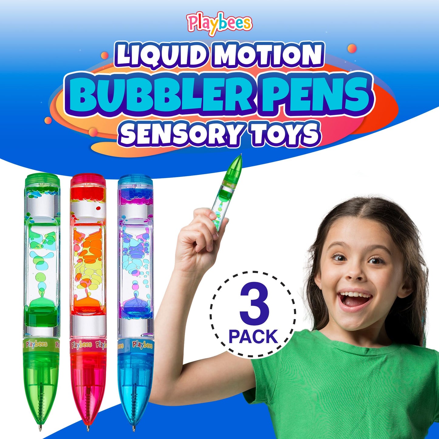 Playbees Liquid Motion Bubbler Pens Cool Pens For Kids (3 Pack) - Writes Like A Regular Pen - Colorful Liquid Timer Pens Great F