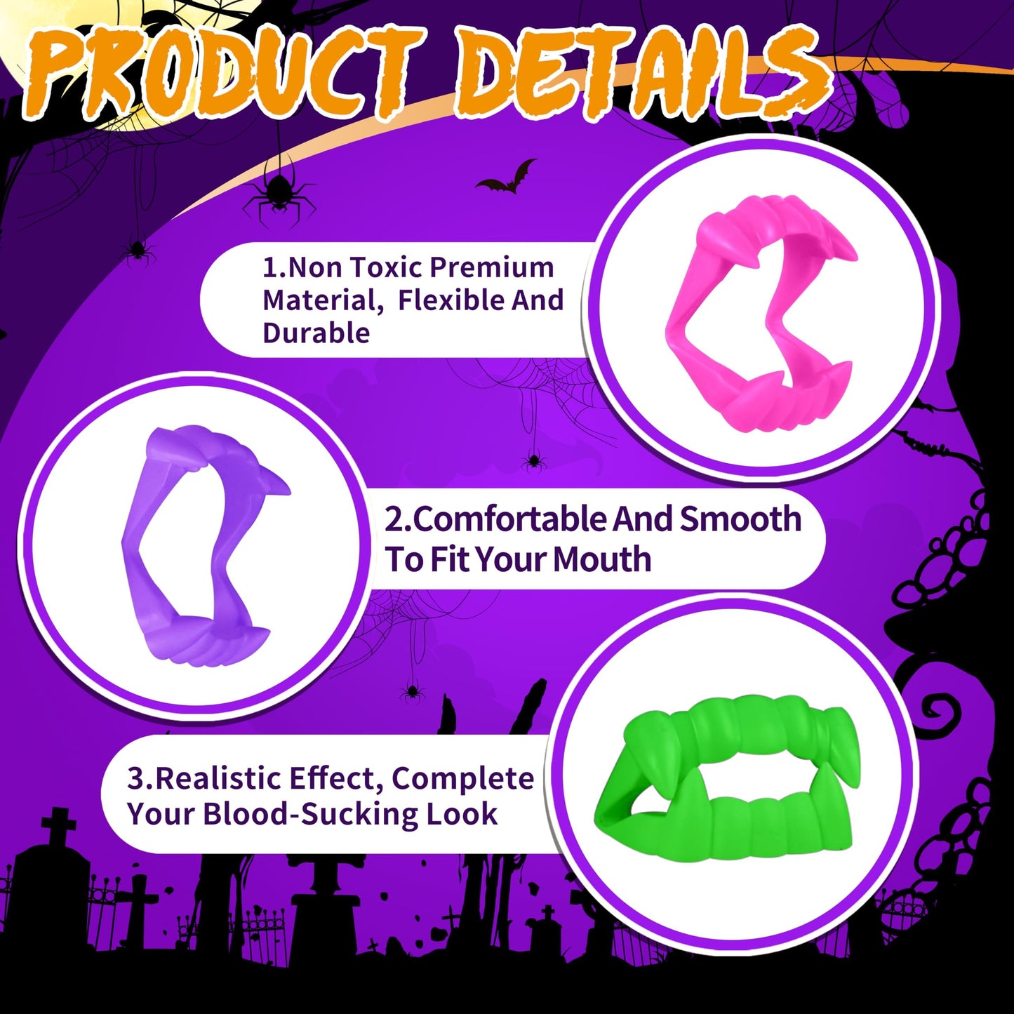 Seifar 54 Pcs Halloween Teeth Vampire Fangs For Halloween Dress-Up, Costume, Party Decoration, Goodie Bag Filler (Black, Purple,