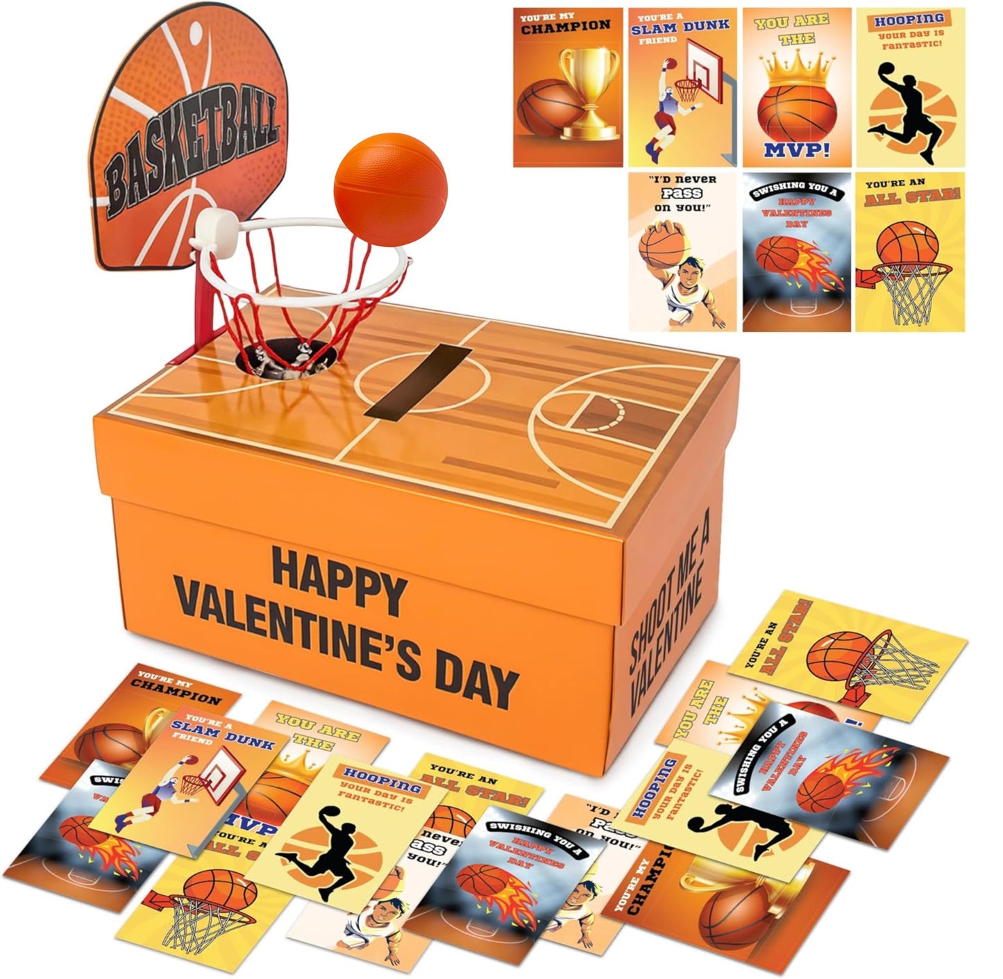 4Es Novelty Basketball Valentine Box with 32 Cards - DIY Basketball Valentines Box Kit, Valentines Card Box for Boys School, Va