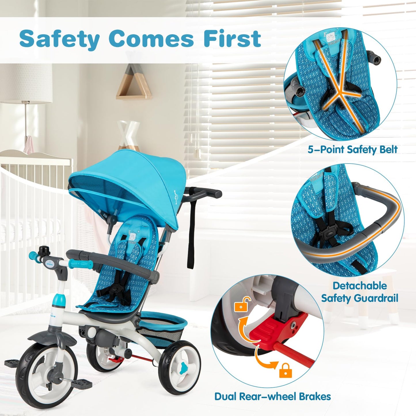 Costzon Tricycle For Toddlers, 4 In 1 Trike W/Parent Handle, Adjustable Canopy, Storage, Safety Harness & Wheel Brakes, Baby Pus